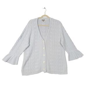 J JILL Blue Cotton Cable Knit Flounce Sleeve Rope Collar Button Cardigan SIZE XL